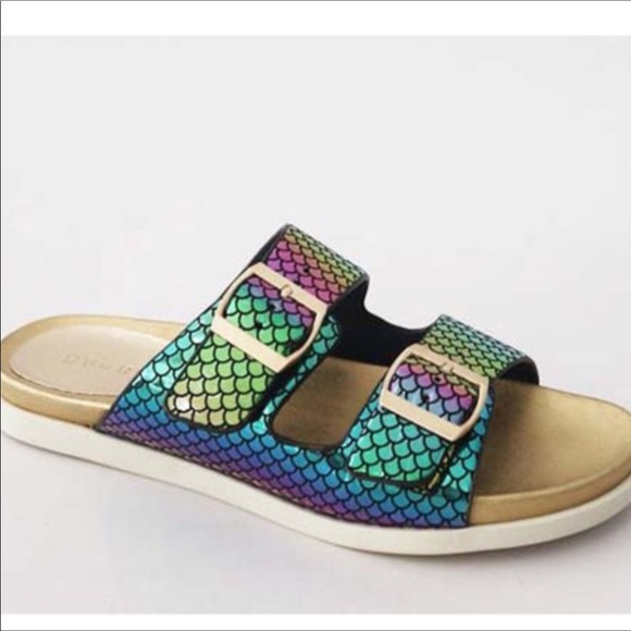 iridescent buckle sandals